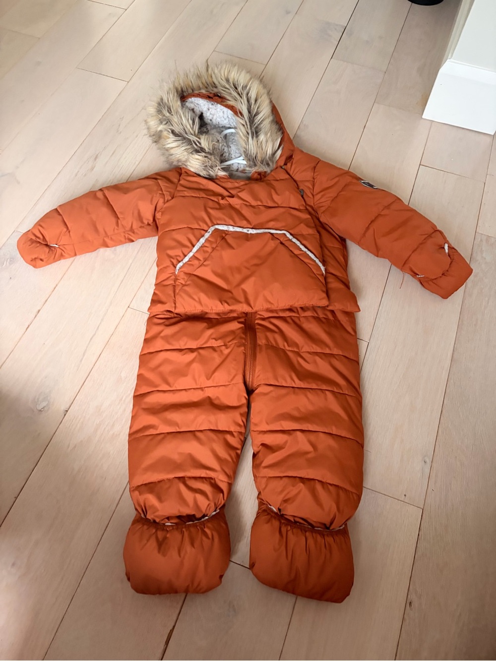 deux par deux Orange Puffer Snowsuit with Faux Fur-Trim Hood